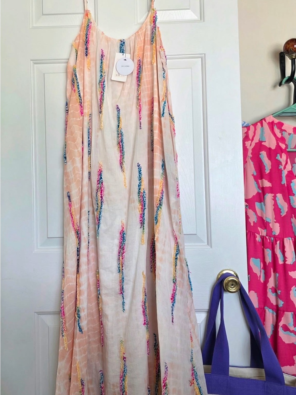 Light Peach Embroidered Maxi Dress with Multicolor Tassel Detailing